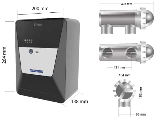 Dimensions de l'électrolyseur pour piscine E-NEXT Astralpool